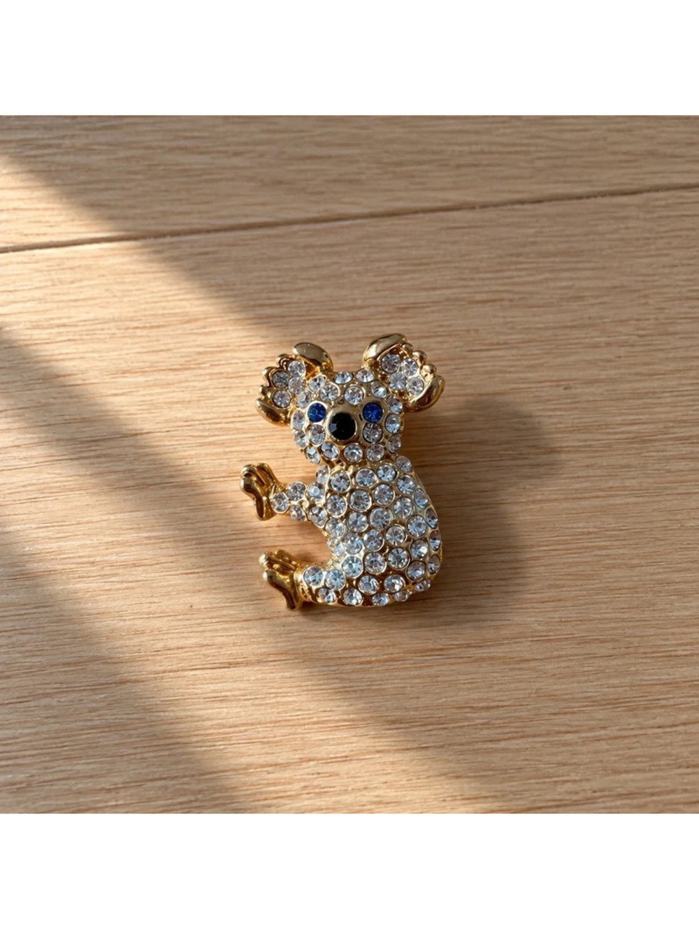 Vintage AP Koala Bear Rhinestone Brooch Gold Tone Blue Crystal Eyes Pin
